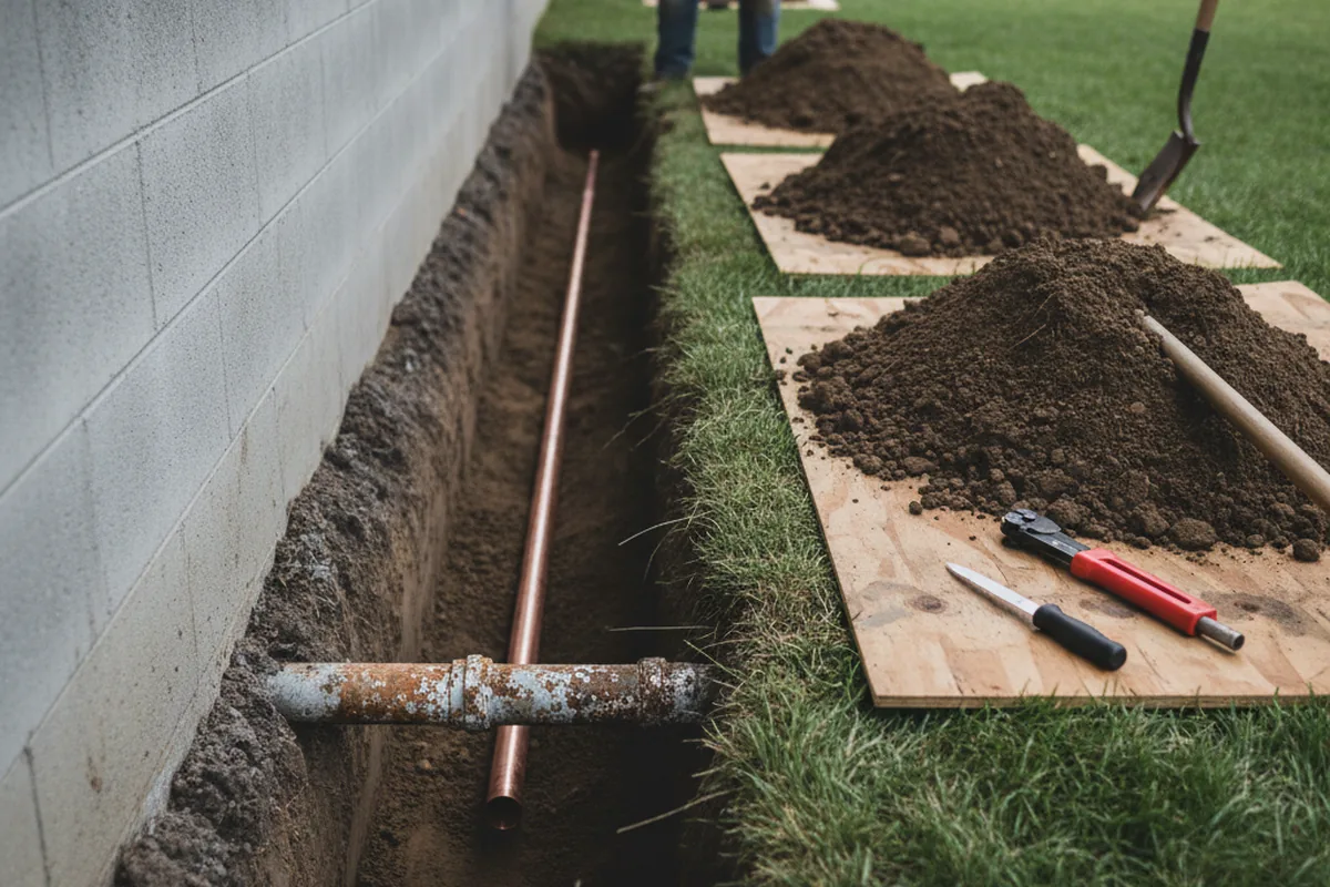 Excavated water line trench during Sewer Line Repair in Parma